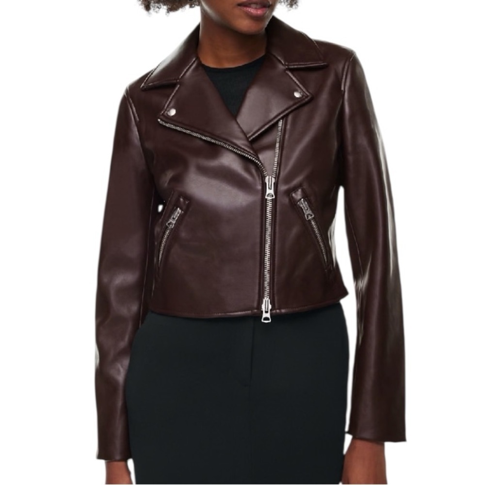 NEW Aritzia Wilfred Stunner Chocolate Brown Vegan Leather Moto Jacket Women’s M